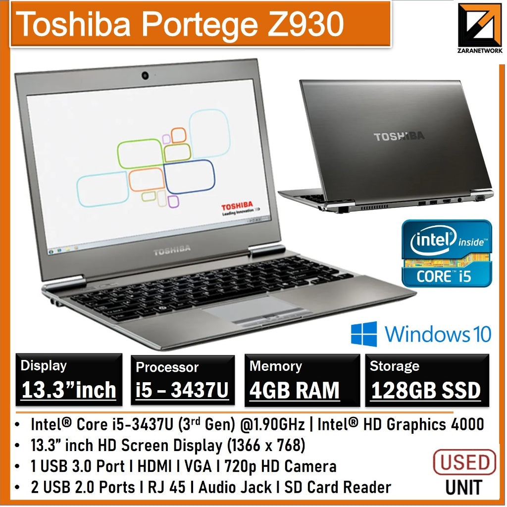 TOSHIBA PORTEGE Z930 CORE i5-3437U 13.3''INCH HD SCREEN DISPLAY (1366X –  Zaranet.my