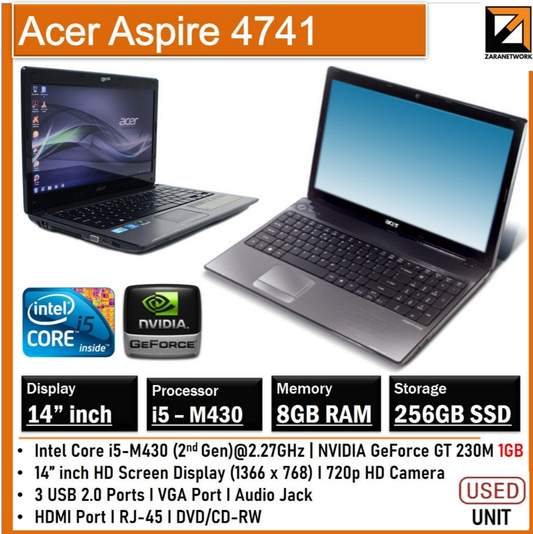 ACER ASPIRE 4741 CORE i5-M430 14inch HD SCREEN DISPLAY WINDOW 10 8GB RAM/256GB SSD