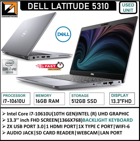 DELL LATITUDE 5310 intel core i7-10610U(10TH GEN) 15.6 FHD SCREEN 16GB RAM/512GB SSD WINDOWS 10/11