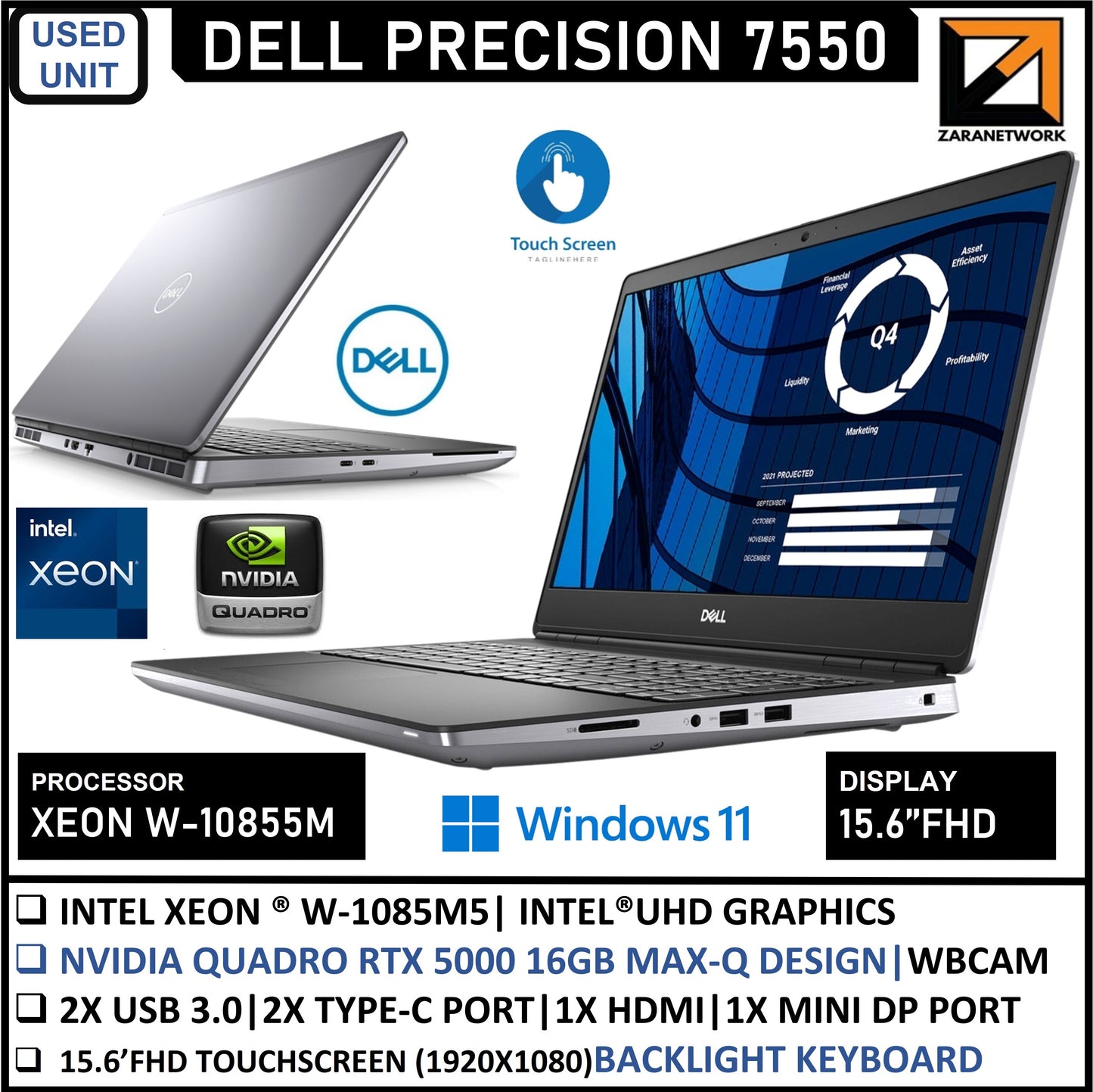 DELL PRECISION 7550 GAMING XEON W-10855M WITH NVIDIA QUADRO RTX 5000 MAX-Q DESIGN 16GB GRAPHIC UPTO 64GB RAM 15.6FHD TOUCHSCREEN WINDOW 11PRO