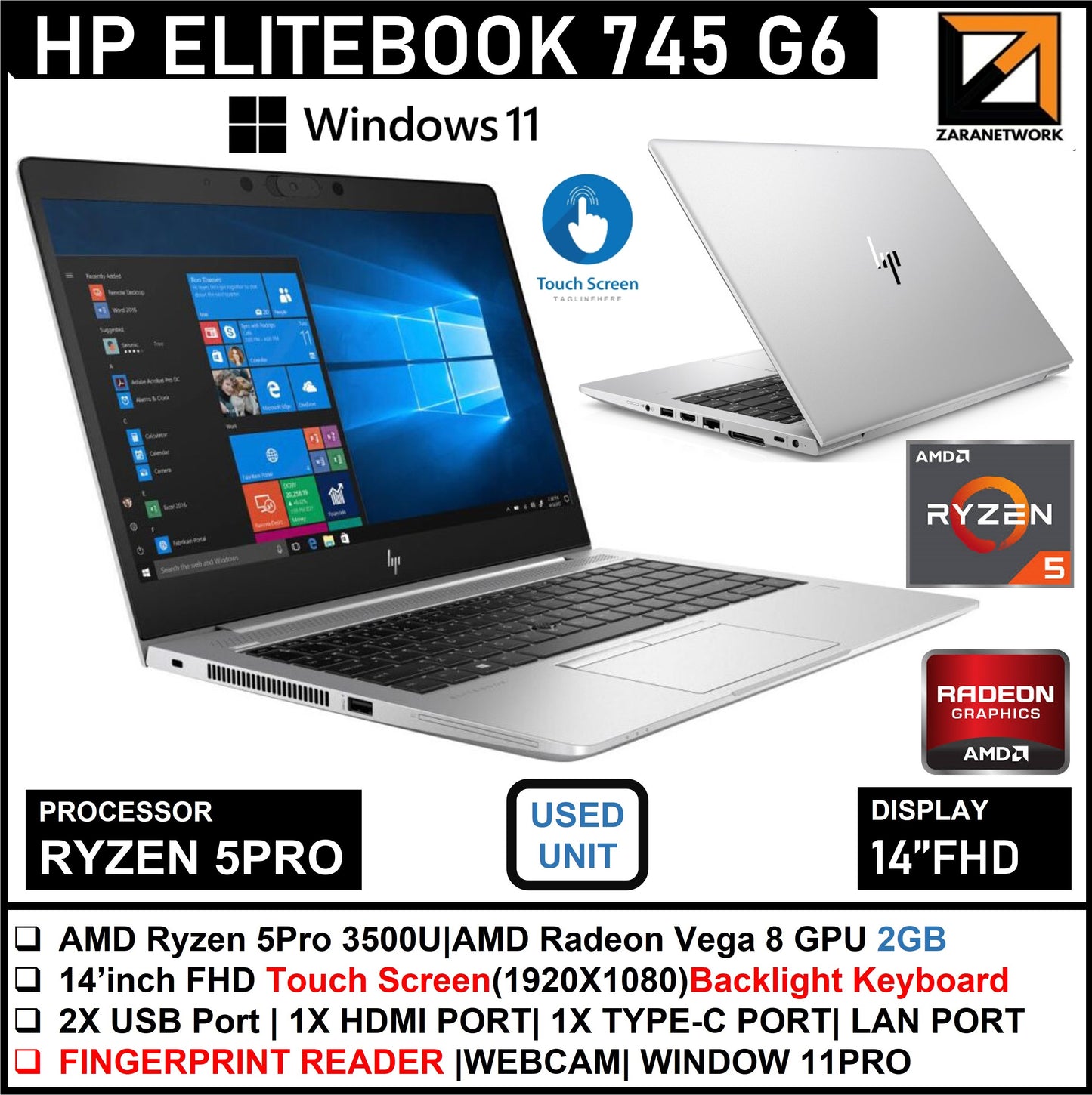 HP ELITEBOOK 745 G6 AMD RYZEN 5PRO RADEON VEGA 8 GPU 2GB 14IN FHD TOUCHSCREEN UPTO 1TB SSD WINDOW 11PRO