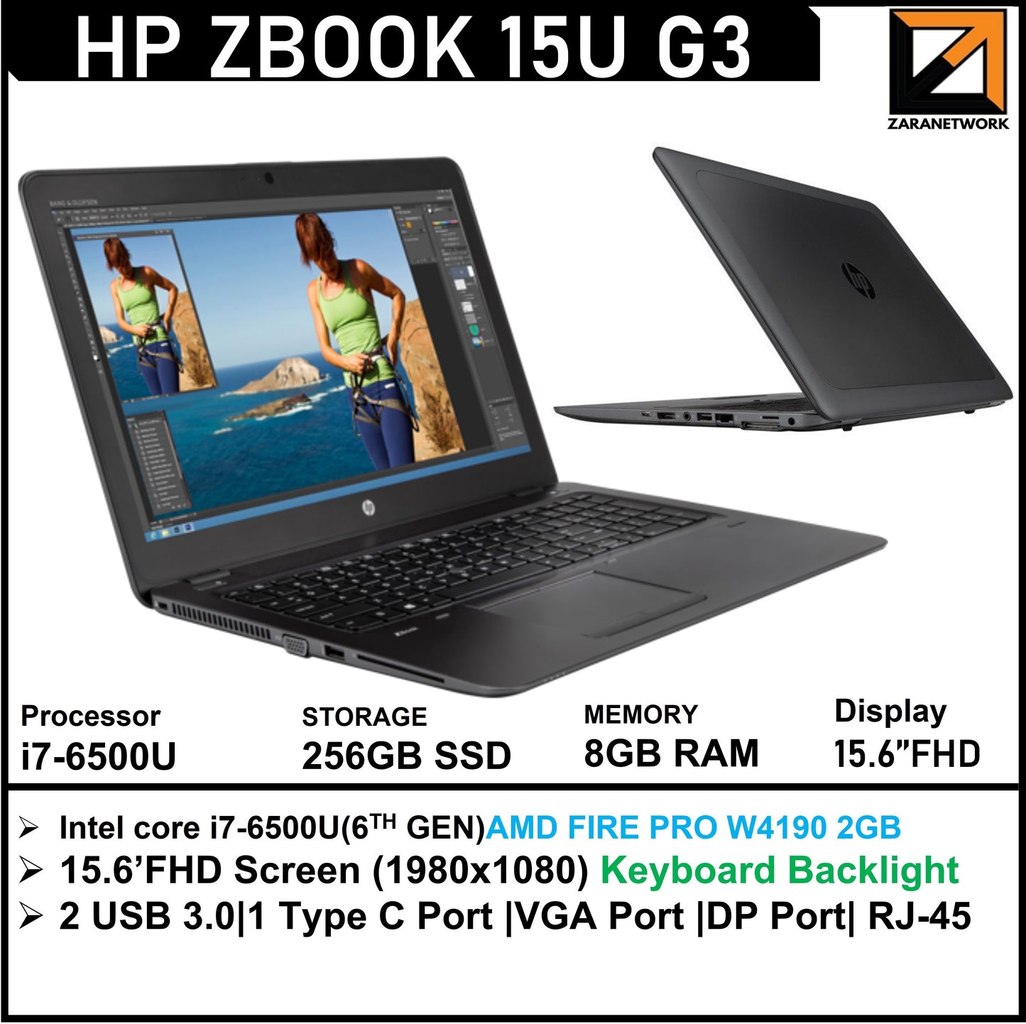 HP ZBOOK 15U G3 CORE  i7-6500U(6TH GEN)15.6 FHD SCREEN DISPLAY