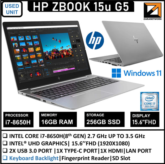 HP ZBOOK 15u G5 i7-8TH GEN 16GB RAM 256GB SSD 15.6 FHD SCREEN FINGERPRINT READER KEYBOARD BACKLIGHT WINDOW 11PRO