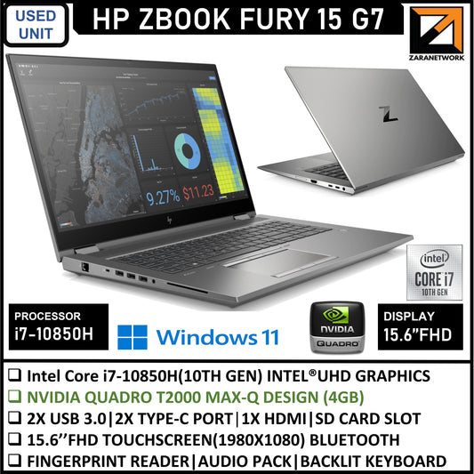 HP ZBOOK FURY 15 G7 i7-10850H 10TH GEN WITH NVIDIA QUADRO T2000 MAX-Q DESIGN 4GB UPTO 1TB SSD WINDOW 11PRO