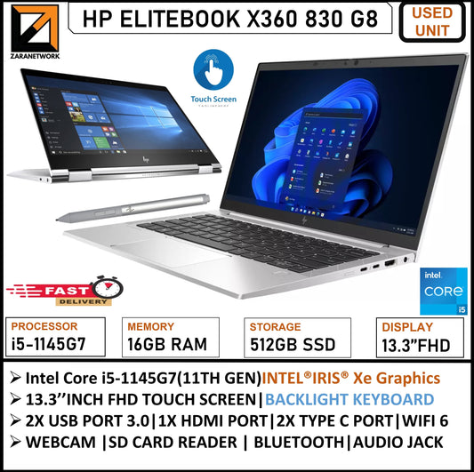 HP ELITEBOOK X360 830 G8 CORE i5-1145G7(11TH GEN) 13.3 FHD TOUCHSCREEN 1X 16GB SODIMM RAM UPGRADE TO 32GB