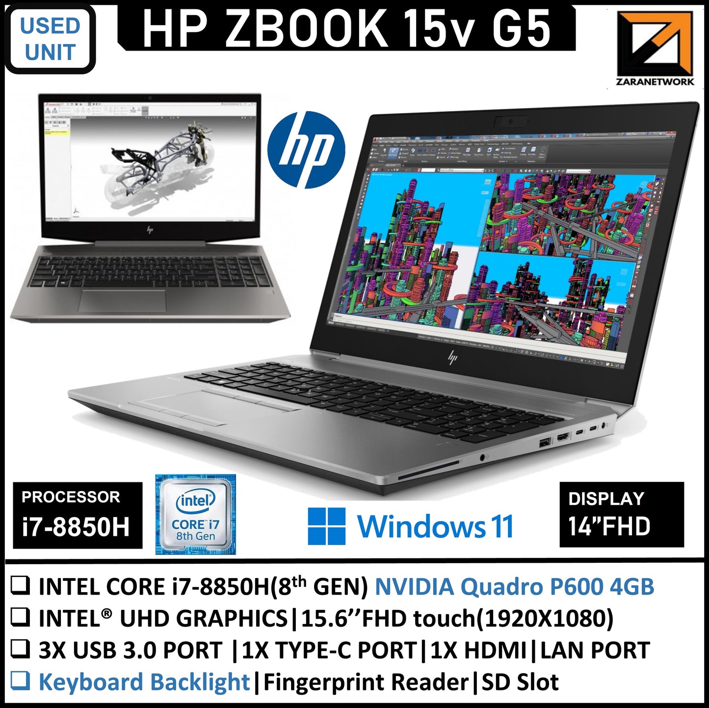 HP ZBOOK 15v I7-8GEN WITH 15.6 TOUCHSCREEN DISPLAY UPTO 1GB SSD  WINDOW 11PRO UPTO 32GB RAM