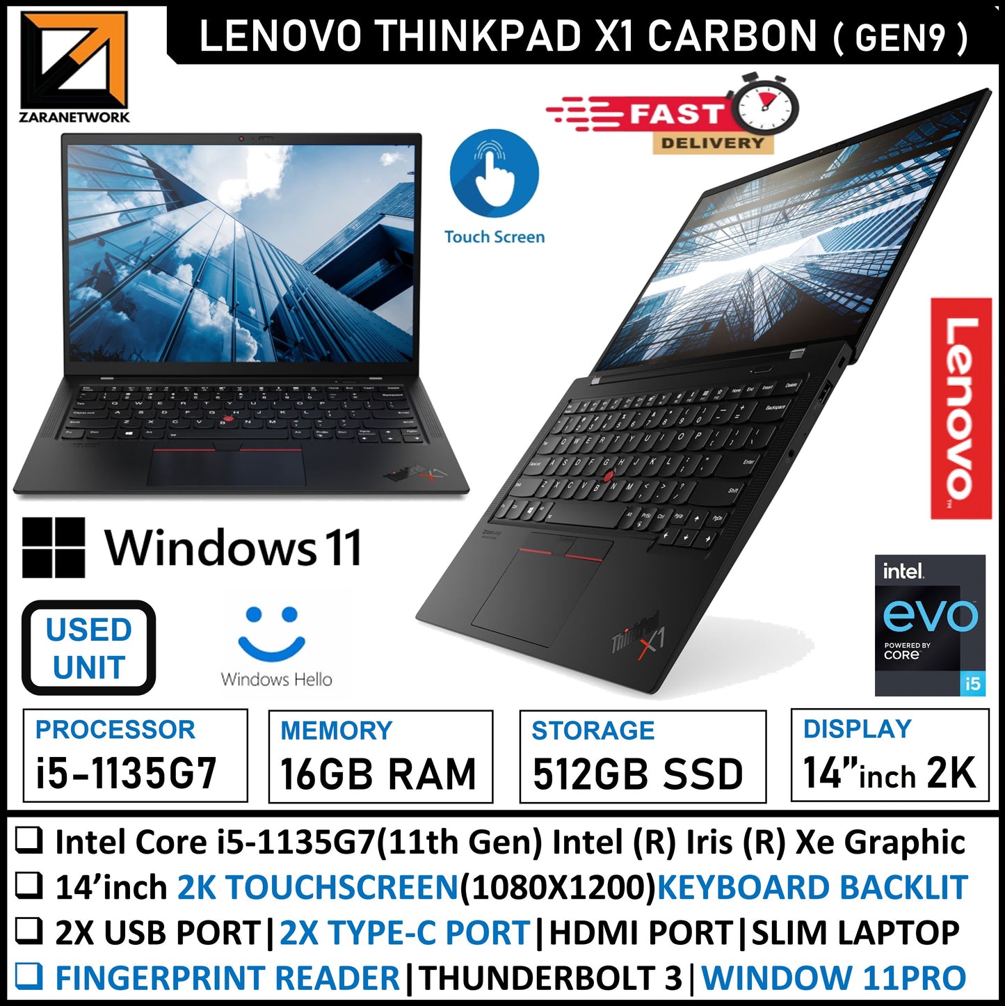 LENOVO THINKPAD X1 CARBON GEN 9 CORE i5-11GEN 14 inch 2K SREEN UPTO 1TB SSD WINDOW 11PRO