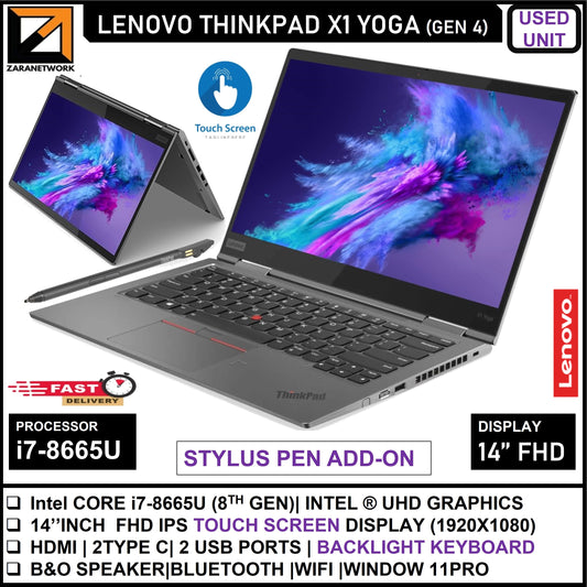 LENOVO THINKPAD X1 YOGA GEN 4 i7-8TH GEN 14''TOUCHSCREEN 16GB RAM (SOLDERED)256GB SSD WITH ORIGNAL WINDOW 11PRO