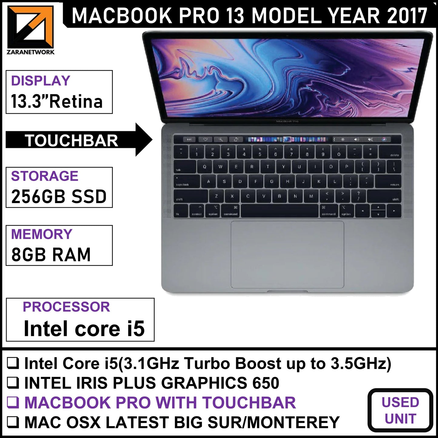 APPLE MACBOOK PRO 13 MODEL YEAR 2017  CORE i7 16GB RAM 512GB SSD 13.3 INCH DISPLAY