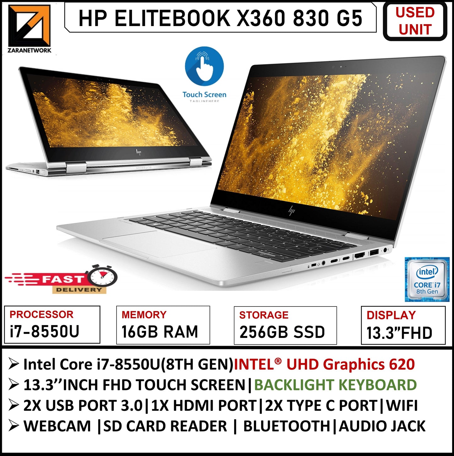 HP ELITEBOOK X360 830 G5 CORE i7-8550U (8TH GEN) 13.3 FHD TOUCHSCREEN 16GB RAM/256GB SSD