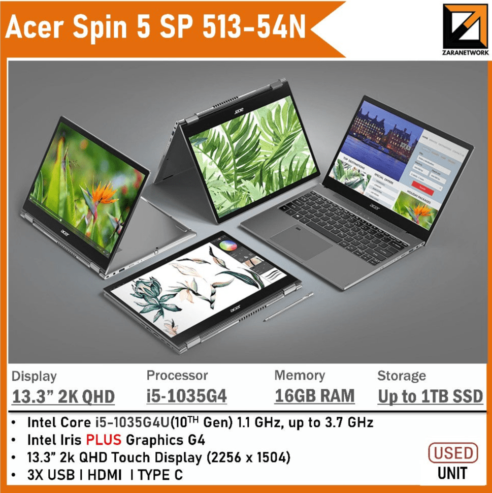 ACER SPIN 5 SP 513 - 54N CORE i5 - 10th GEN UP TO 1TB SSD) 13.3" 2K QHD TOUCH WITH STYLUS PEN - My Store