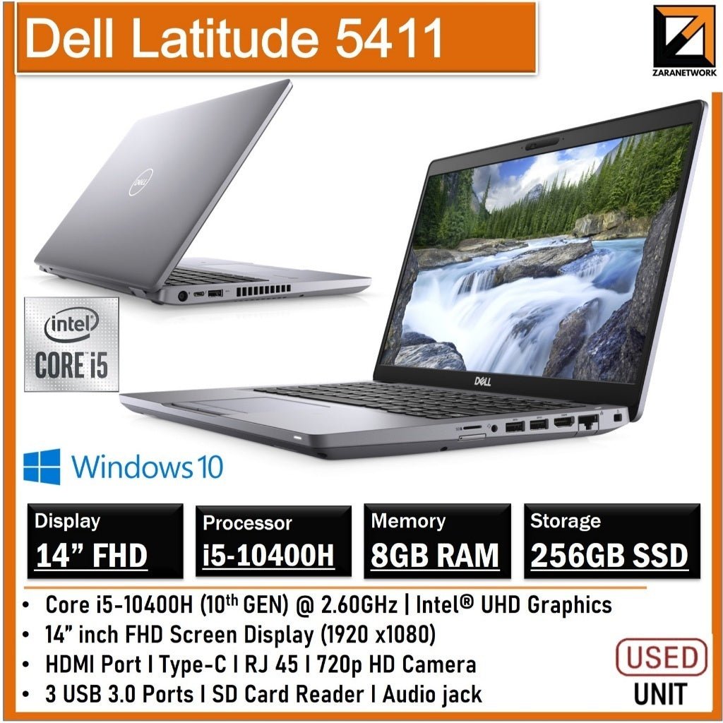 DELL LATITUDE 5411 INTEL CORE i5 - 10400(10th GEN) 14 INCH FHD SCREEN 16GB RAM/256GB SSD WINDOWS 10/11 PRO - My Store