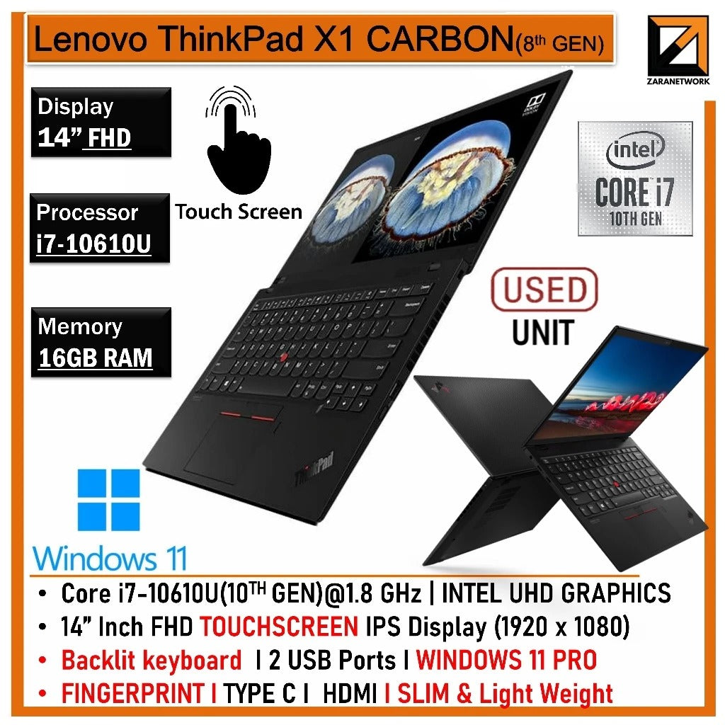 LENOVO THINKPAD X1 CARBON (GEN 8) i7-10/i5-10GEN 16GB RAM (Soldered ) UPTO 1TB SSD 14FHD TOUCHSCREEN ORIGNAL WINDOW 11PRO