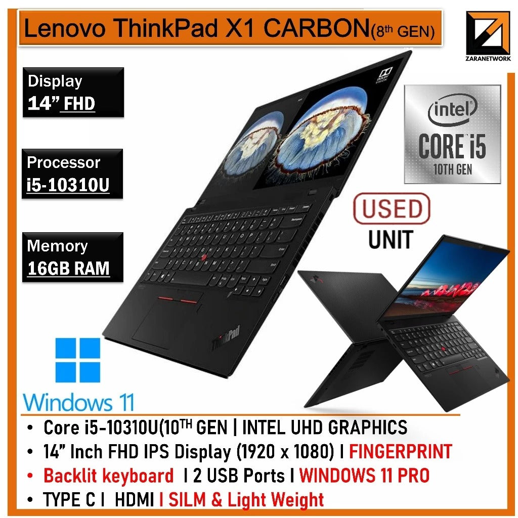 LENOVO THINKPAD X1 CARBON (GEN 8) i7-10/i5-10GEN 16GB RAM (Soldered ) UPTO 1TB SSD 14FHD TOUCHSCREEN ORIGNAL WINDOW 11PRO