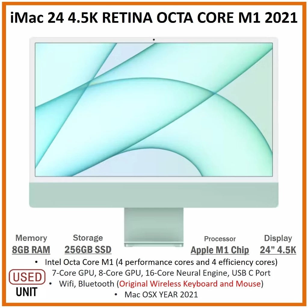 iMac 24 4.5K RETINA OCTA CORE M1 2021 8GB RAM 256GB SSD APPLE M1 CHIP