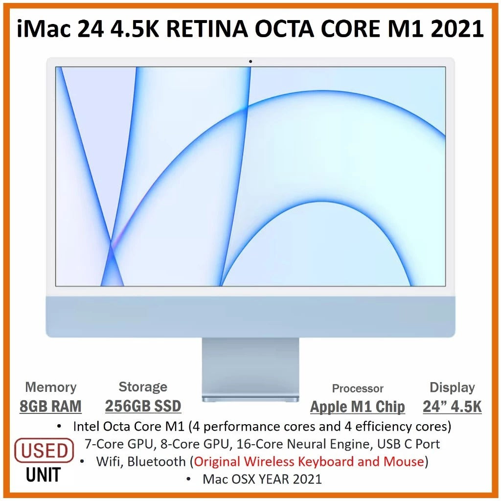 iMac 24 4.5K RETINA OCTA CORE M1 2021 8GB RAM 256GB SSD APPLE M1 CHIP