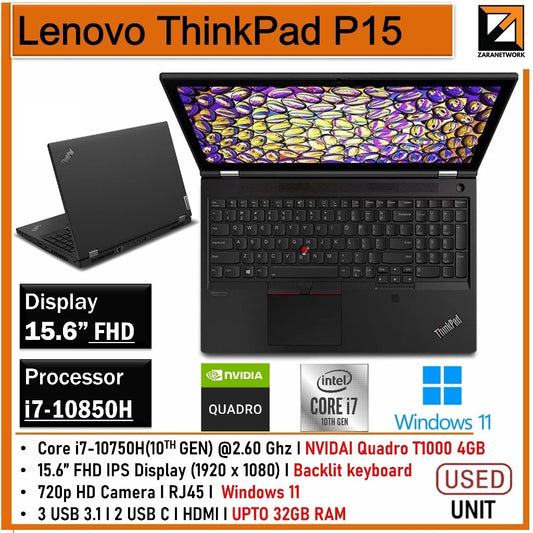 LENOVO THINKPAD P15 i7-10GEN 15.6 FHD IPS DISPLAY NVIDIA QUADRO T1000 4GB WINDOW 11PRO