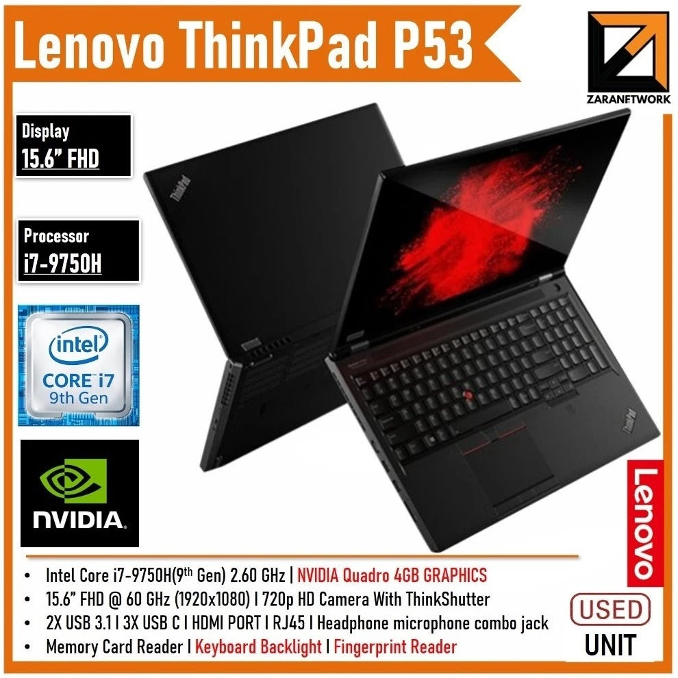 LENOVO THINKPAD P53 i7-9GEN 15.6 FHD SCREEN NVIDIA QUADRO 4GB GRAPHIC UPTO 32GB RAM WINDOW 11PRO