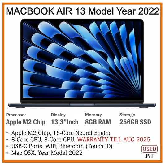 MACBOOK AIR 13 YEAR 2022 M2 CHIP 8GB RAM 256GB SSD 13.3INCH DISPLAY  WARRANTY TILL AUG-2025