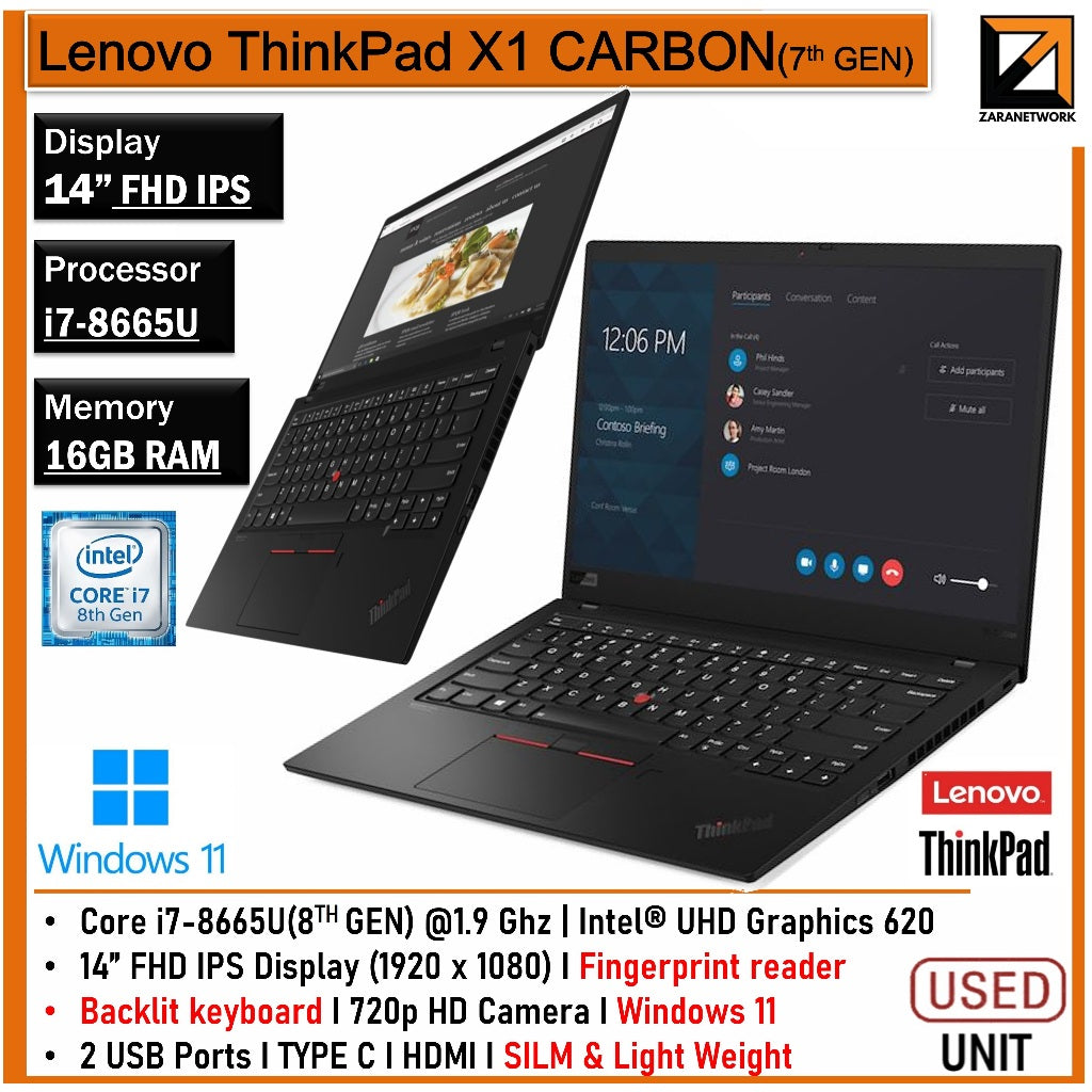 LENOVO THINKPAD X1 CARBON  (7 GEN) i7-8GEN 16GB RAM UPTO 1TB SSD 14 FHD IPS SCREEN BACKLIGHT KEYBOARD WINDOW 11PRO