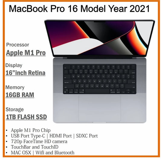 APPLE MACBOOK PRO 16 MODEL YEAR 2021 16GB RAM 1TB FLASH SSD 16INCH RETINA DISPLAY M1 PRO