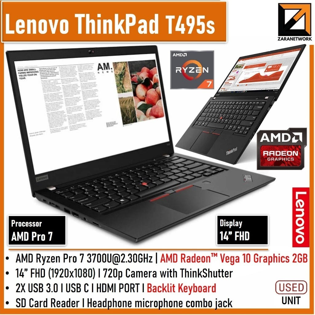 LENOVO THINKPAD T495s Laptop(1 YEAR WARRANTY T&C)AMD RYZEN 5 / RYZEN 7 14"FHD Display Up to 16GB RAM