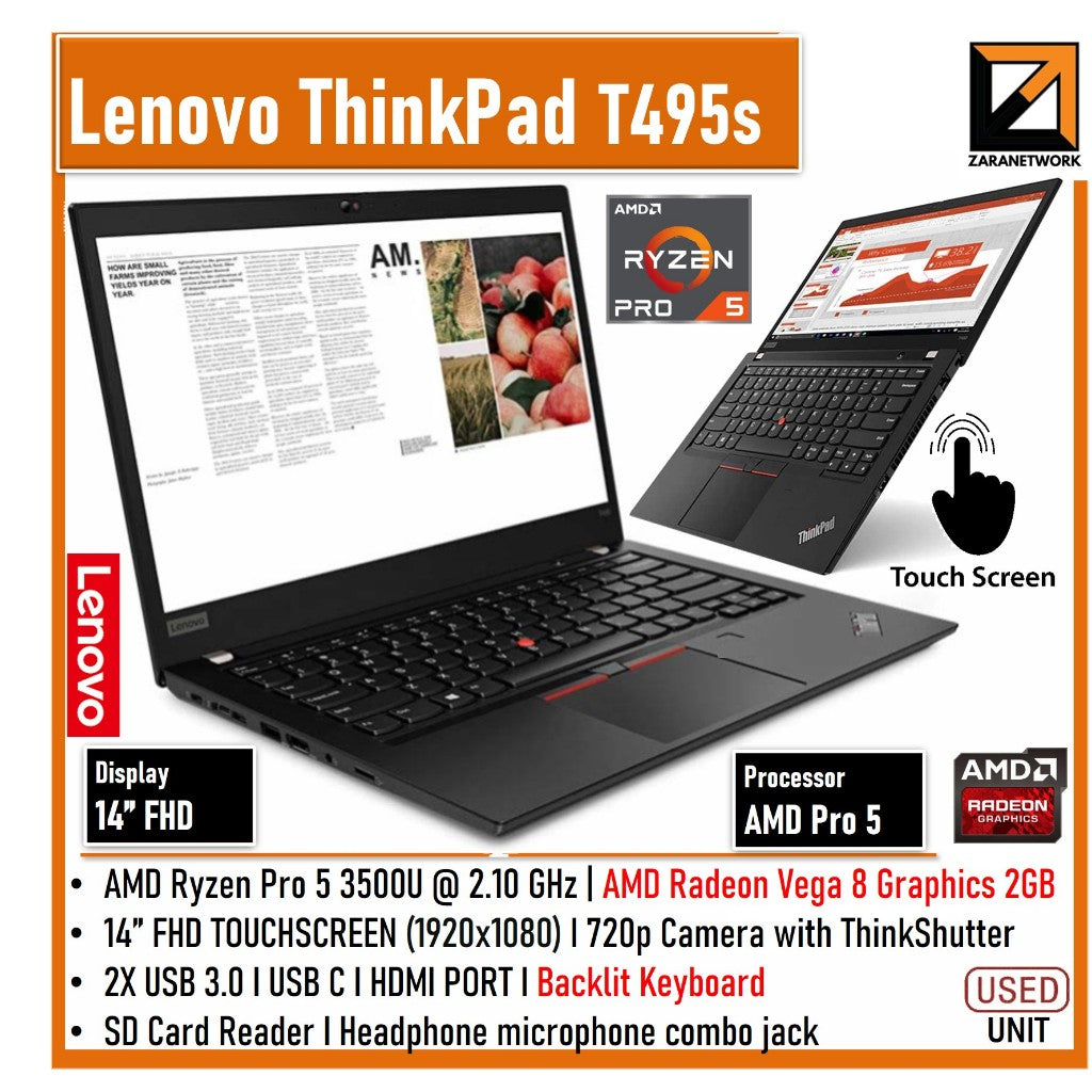 LENOVO THINKPAD T495s Laptop(1 YEAR WARRANTY T&C)AMD RYZEN 5 / RYZEN 7 14"FHD Display Up to 16GB RAM