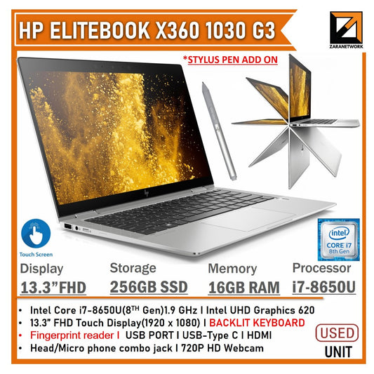 HP ELITEBOOK 1030 G3   CORE i7-8th GEN 13.3 FHD TOUCH SCREEN 16GB RAM UPTO 1TB SSD WINDOW 10/11