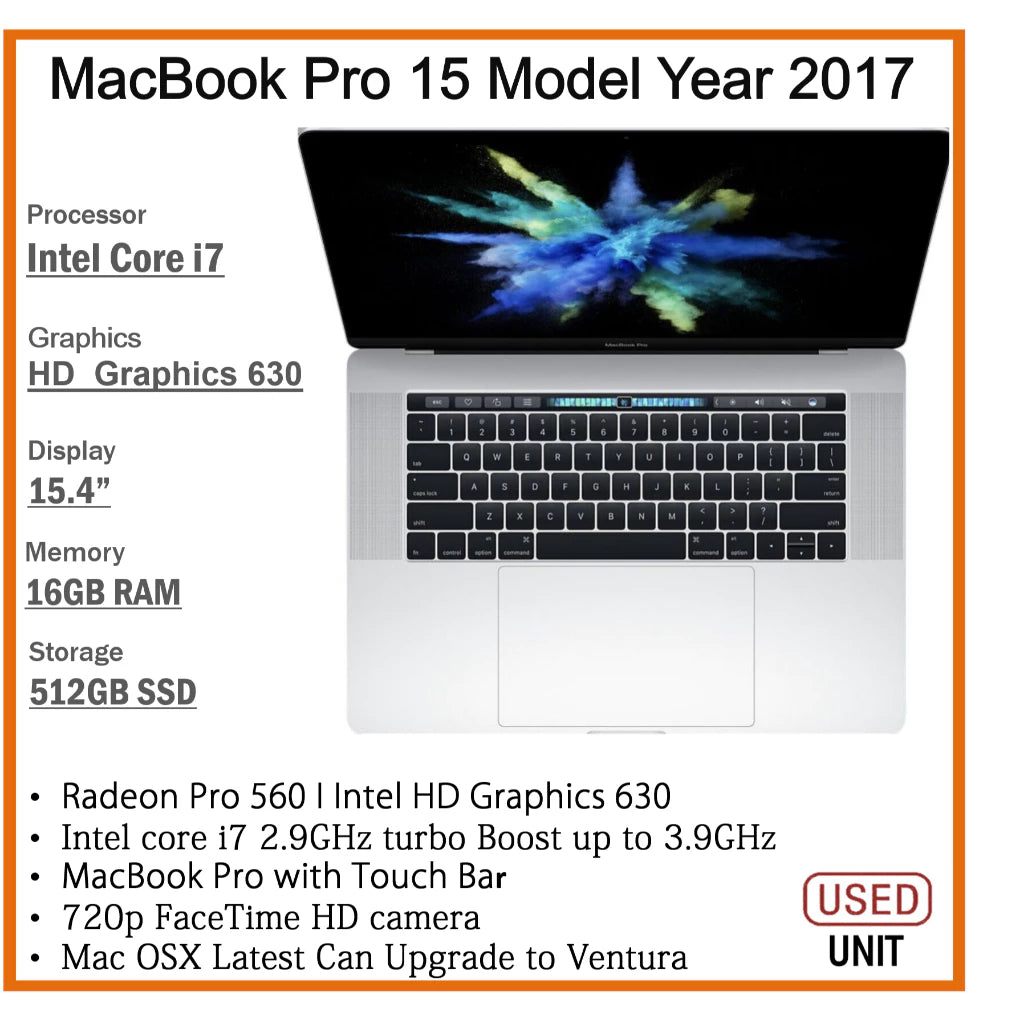 APPLE MACBOOK PRO 13 MODEL YEAR 2017  CORE i7 16GB RAM 512GB SSD 13.3 INCH DISPLAY