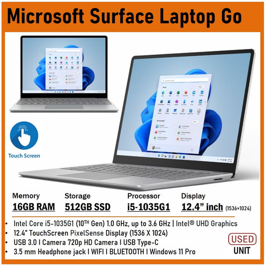 MICROSOFT SURFACE LAPTOP GO CORE i5-10th GEN 12.4''TOUCHSCREEN