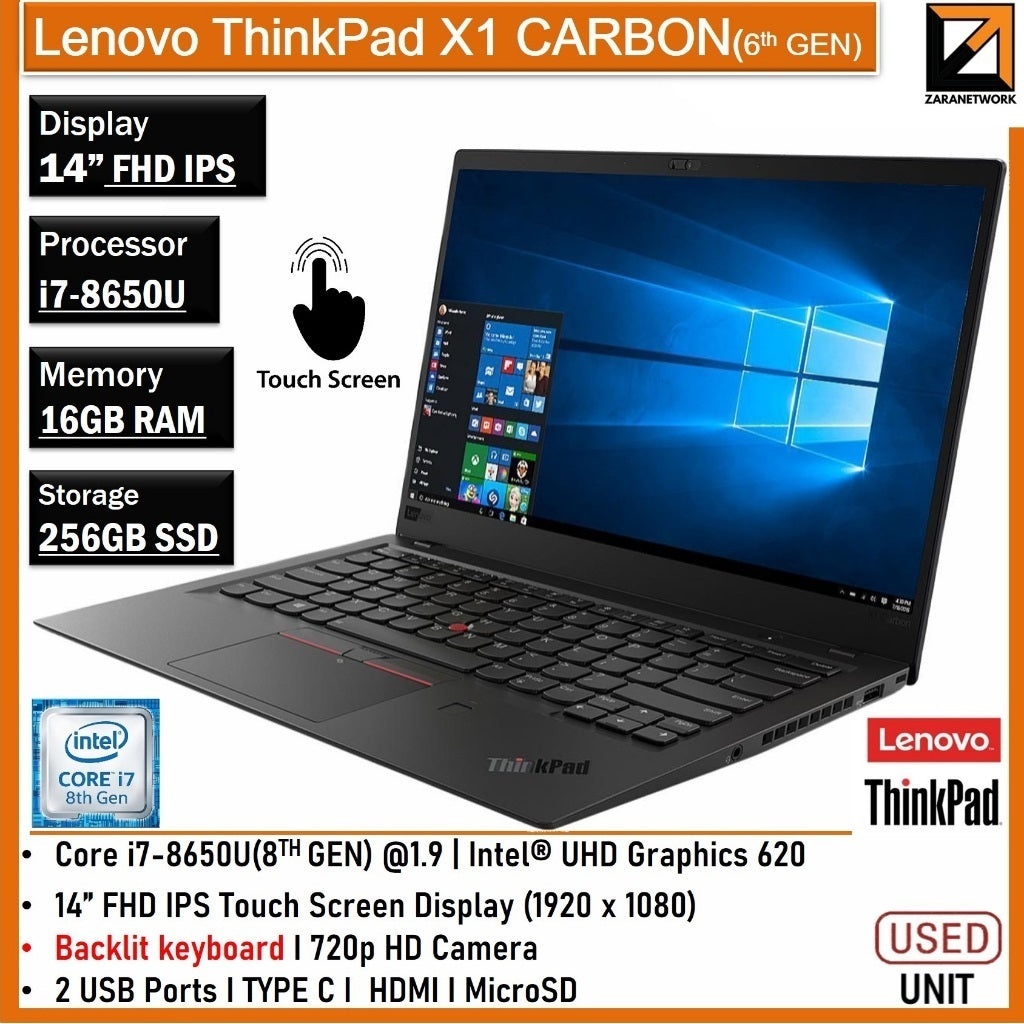 LENOVO THINKPAD X1 CARBON 6TH GEN i7-8GEN 14INCH TOUCHSCREEN 16GB RAM UPTO 1TB SSD WINDOW 11PRO