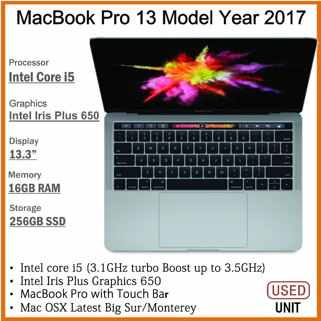 APPLE MACBOOK PRO 13 MODEL YEAR 2017  CORE i7 16GB RAM 512GB SSD 13.3 INCH DISPLAY