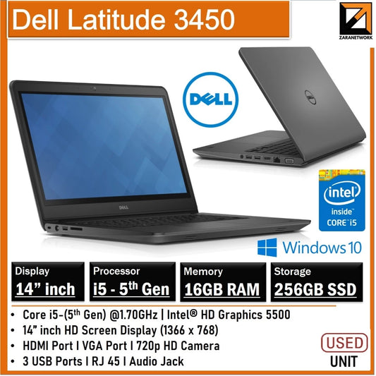 DELL LATITUDE 3450 Intel core i5-5GEN 16GB RAM 512GB SSD 14inch HD SCREEN DISPLAY