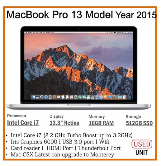 APPLE MACBOOK PRO 15/13 YEAR 2015 i7/i5 UPTO 16GB RAM 1TB SSD 13.3 RETINA