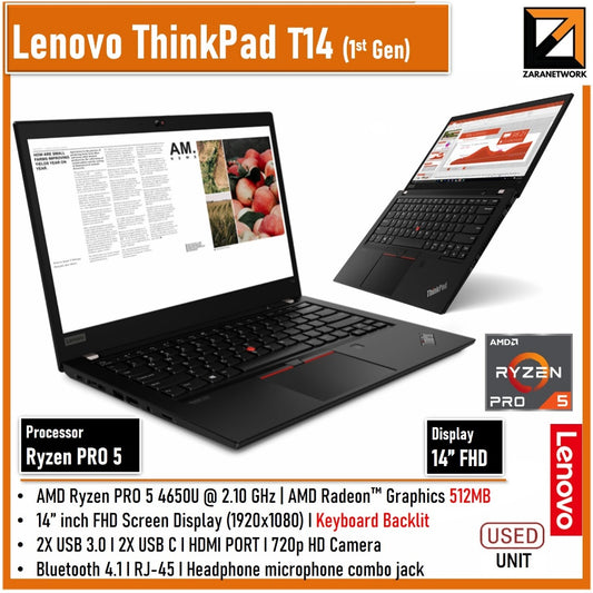 LENOVO THINKPAD T14 GEN 1 RYZEN PRO 5 AMD  RADEON 512MB GRAPHIC 14'FHD SCREEN UPTP 32GB RAM