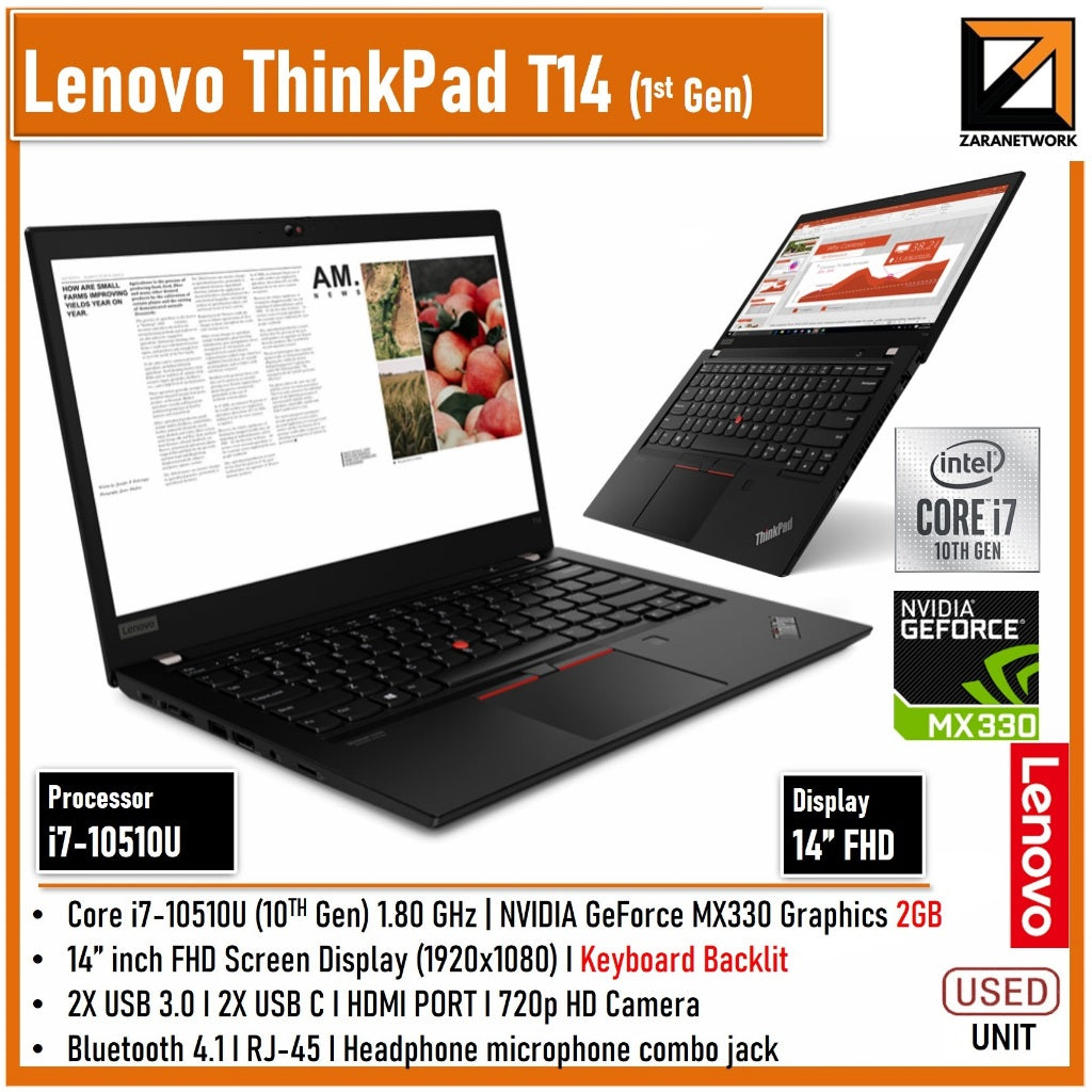 LENOVO THINKPAD T14 (GEN 1) NVIDIA GEFORCE MX330 2GB GRAPHIC UPTO 32GB RAM 14inch FHD SCREEN WINDOW 11PRO