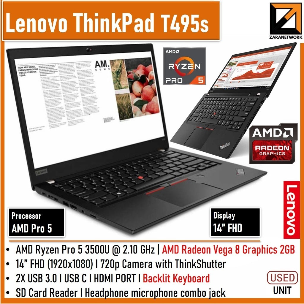 LENOVO THINKPAD T495s Laptop(1 YEAR WARRANTY T&C)AMD RYZEN 5 / RYZEN 7 14"FHD Display Up to 16GB RAM