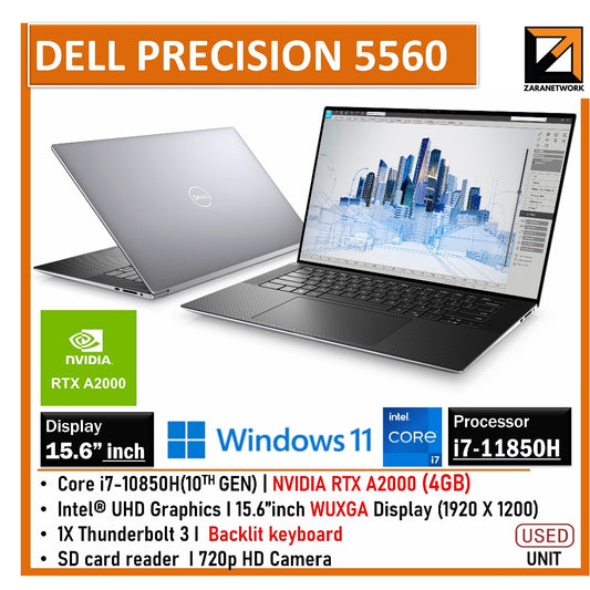 DELL PRECISION 5560 GAMING LAPTOP i7-11TH GEN WITH 4GB NVIDIA RTX A2000 UPTO 64GB RAM 15.6FHD SCREEN WINDOW 11PRO