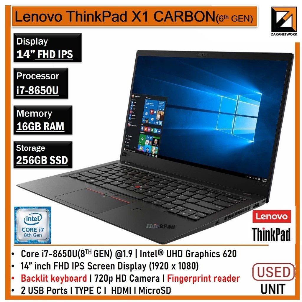 LENOVO THINKPAD X1 CARBON 6TH GEN i7-8GEN 14INCH TOUCHSCREEN 16GB RAM UPTO 1TB SSD WINDOW 11PRO