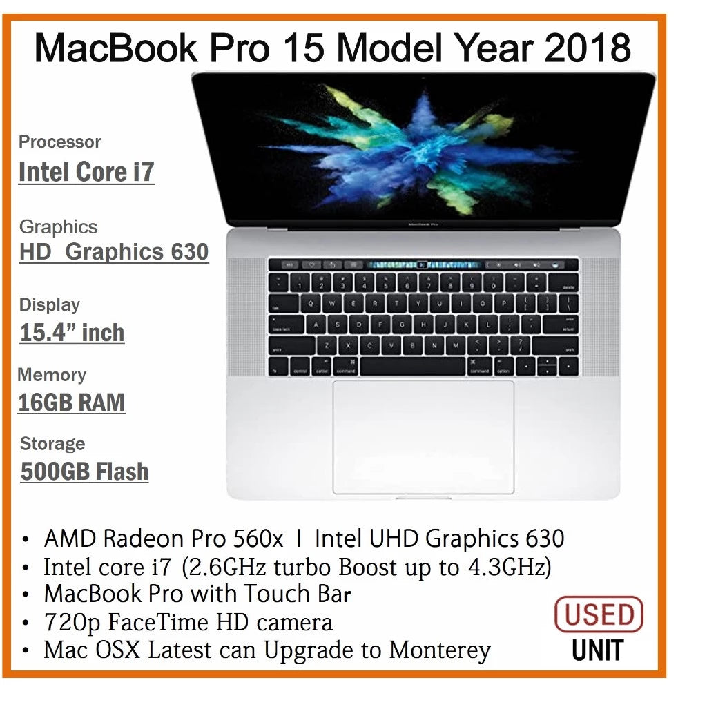 APPLE MACBOOK PRO 15/13 2018 i7/i5/i9/ UPTO 16GB RAM 1TB SSD 13.3 RETINA DISPLAY