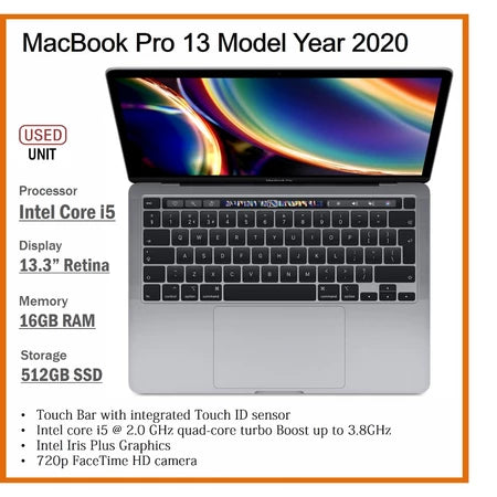 APPLE MACBOOK PRO 13 MODEL YEAR 2020 CORE i5 16GB RAM 512GB SSD 13.3 RETINA DISPLAY