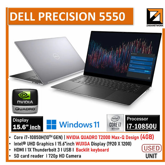 DELL PRECISION 5550 GAMING LAPTOP i7-10TH GEN WITH 4GB NVIDIA QUADRO T2000 MAX-Q DESIGN UPTO 64GB RAM 15.6 2K SCREEN