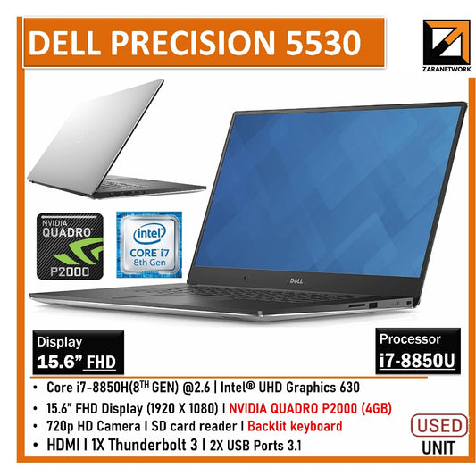 DELL PRECISION 5530 GAMING LAPTOP i7-8TH GEN WITH 4GB NVIDIA QUADRO P2000 GRAPHICS 16GB RAM 512GB SSD 15.6 FHD SCREEN