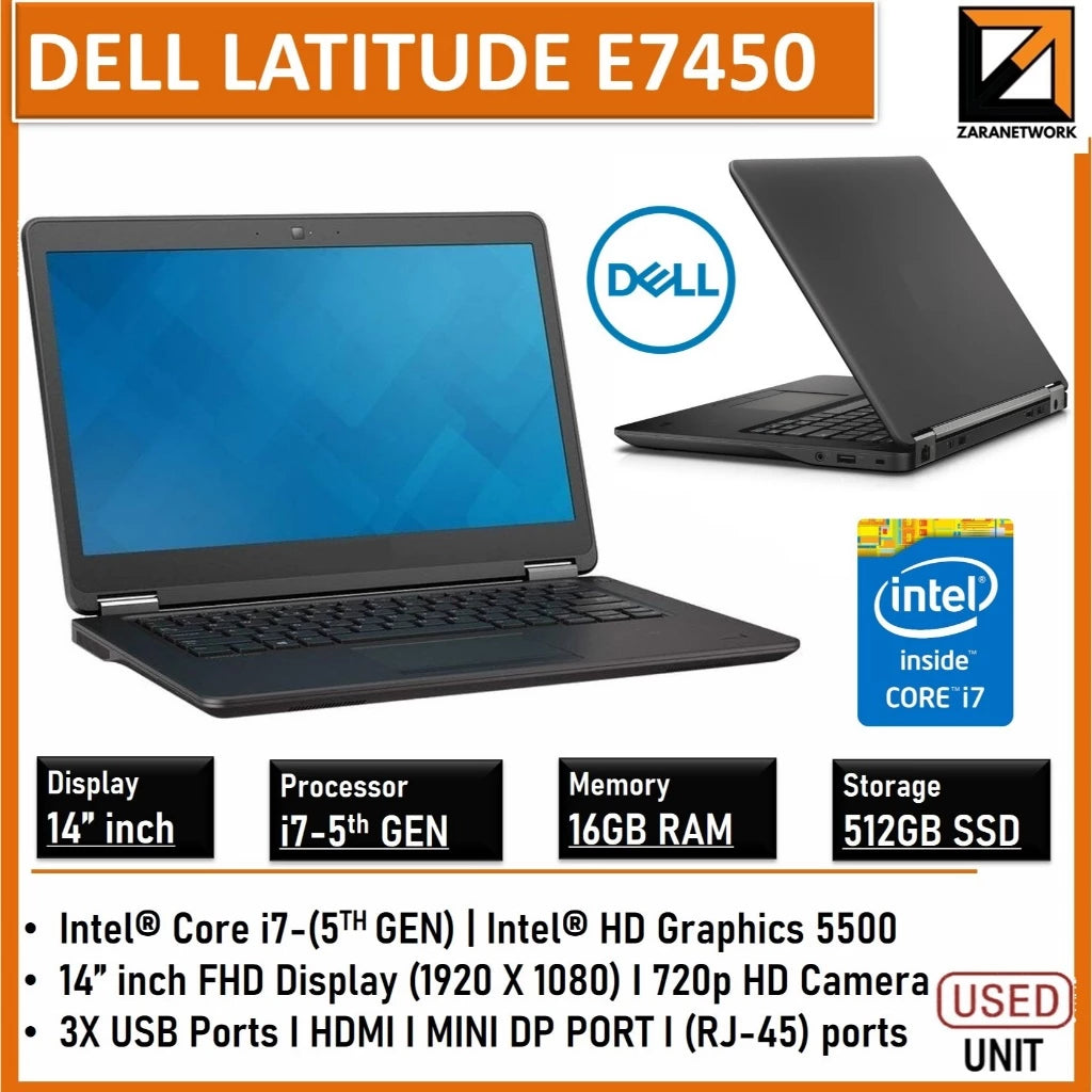 DELL LATITUDE E7450 INTEL CORE i7-5GEN 16GB RAM 512GB SSD 14INCH FHD DISPLAY