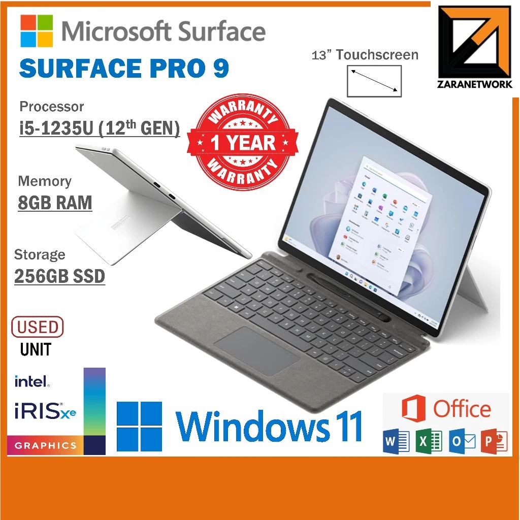 Microsoft Surface Pro 9 (1 YEAR WARRANTY ) Core i5-12th GEN 13" inch Display Touch Screen Win 11 Pro