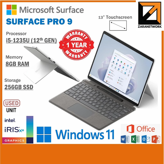 Microsoft Surface Pro 9 (1 YEAR WARRANTY ) Core i5-12th GEN 13" inch Display Touch Screen Win 11 Pro